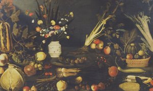 Nature morte de fleurs, fruits et légumes, vers 1594